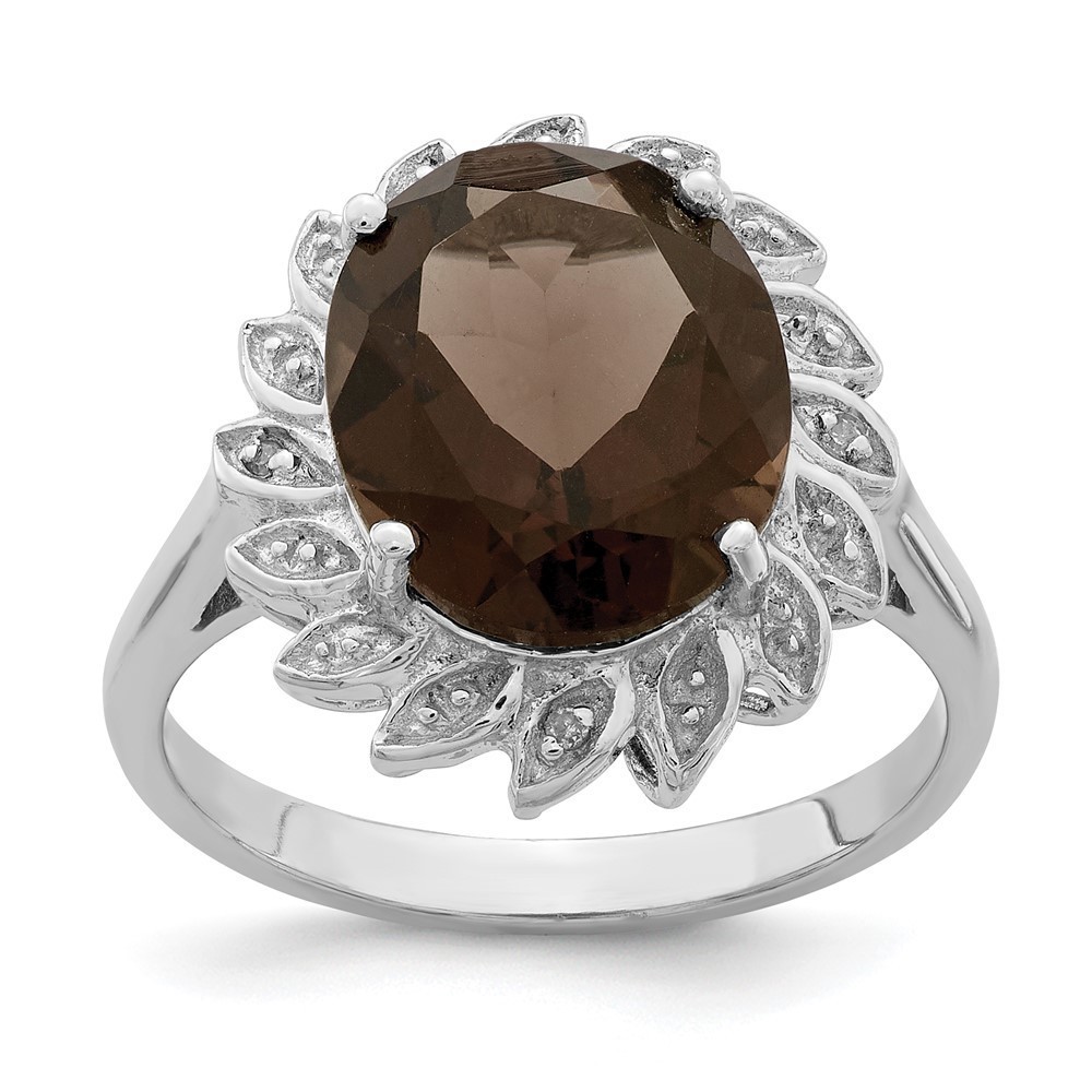 925 Sterling Silver Rhodium Smoky Quartz & Diamond Ring